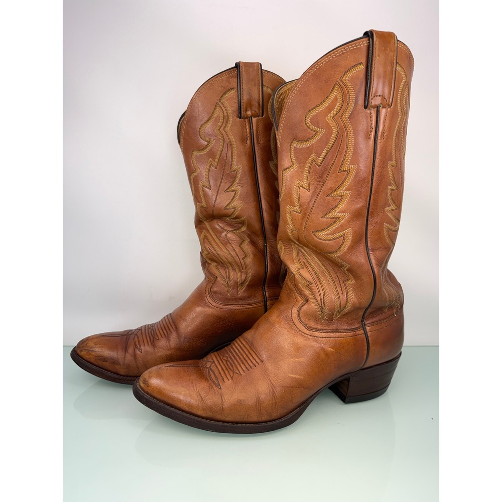 Justin Cowboy Boots 8.5 EEE Brown Vintage USA Western Roper Flame Stitch Point